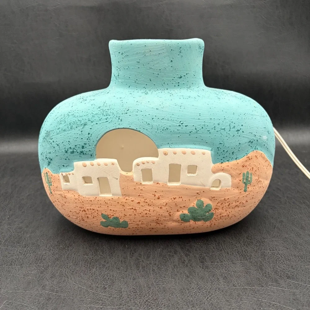 Southwestern Pueblo Village Ceramic Table Lamp Turquoise Desert Cactus